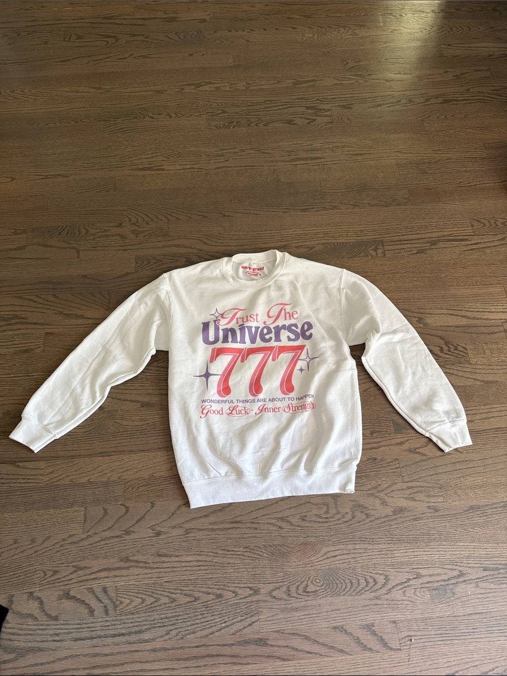 Trust The Universe 777 Graphic Crewneck Sweatshirt - White, in excellent cond.